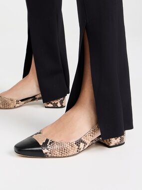 Veronica Beard Snake Print Leather Cap Toe Flats in Black and Beige